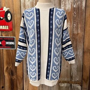 ADELE KNiTWEAR Vintage XL Blue White Heart Print Mock Neck Acrylic Sweater USA